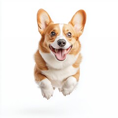 Happy Corgi Dog Leaps Against White Background