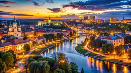 Fototapeta premium Scenic Sunset Over River With City Skyline and Illuminated Buildings