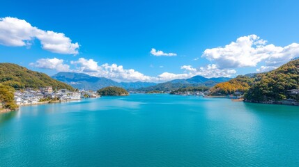 Obraz premium A serene lake surrounded by mountains under a clear blue sky with fluffy clouds.