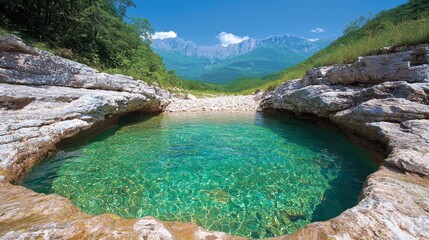 Fototapeta premium A serene natural pool with crystal-clear water surrounded by rocky terrain and lush greenery.