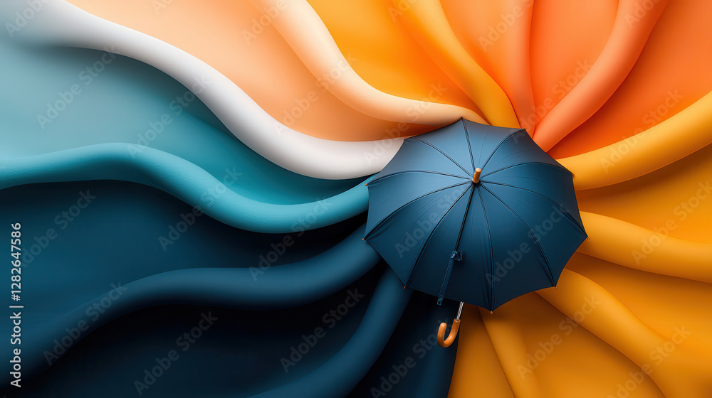 Fototapete vibrant blue umbrella rests on mesmerizing radial pattern of colorful fabric waves, creating dynamic and abstract visual. flowing textures and vivid colors evoke sense of movement and creativity