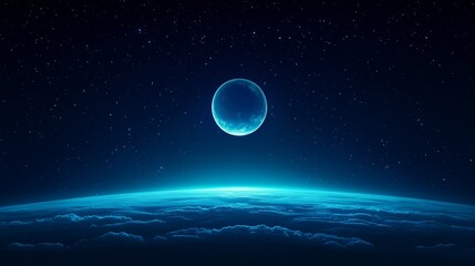 Fototapeta premium A serene view of Earth from space, featuring a glowing moon and starry backdrop.