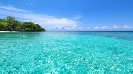 Fototapeta premium A serene view of clear turquoise waters under a bright blue sky.