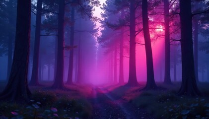 Neon forest at dawn with misty atmosphere and glowing trees, surreal landscape, dawn