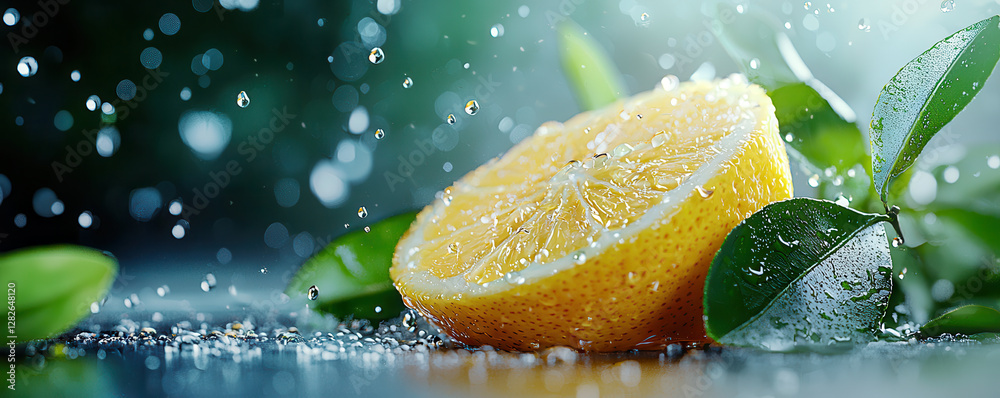 Aufkleber vibrant lemon slice with water droplets and green leaves creates refreshing and surreal scene. jagge