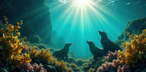 Obraz premium Sunlit kelp forest, swaying seagrass, playful sea lions , stones, waves, sea