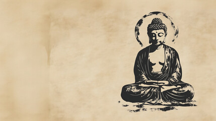 A black ink brush painting of Buddha on a textured beige parchment background with copy space