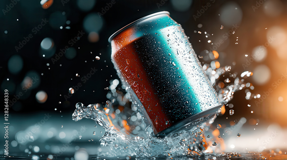 Poster vibrant soda can splashes into water, creating dynamic droplets and reflections. scene is illuminated with colorful lighting, enhancing energetic and refreshing atmosphere