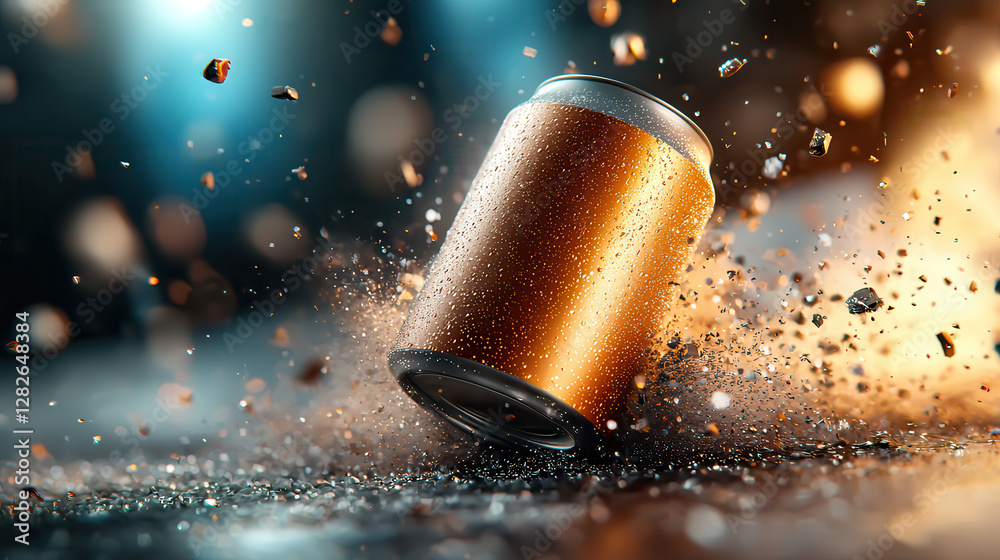 Poster dynamic image of metallic drink can exploding with energy, surrounded by flying debris and droplets, creating sense of motion and excitement