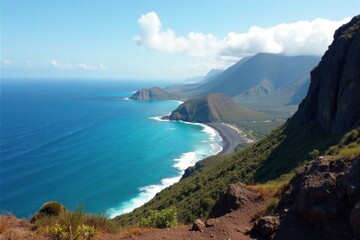Volcanic rock formations, sparse vegetation, dramatic coastline, sea, geography