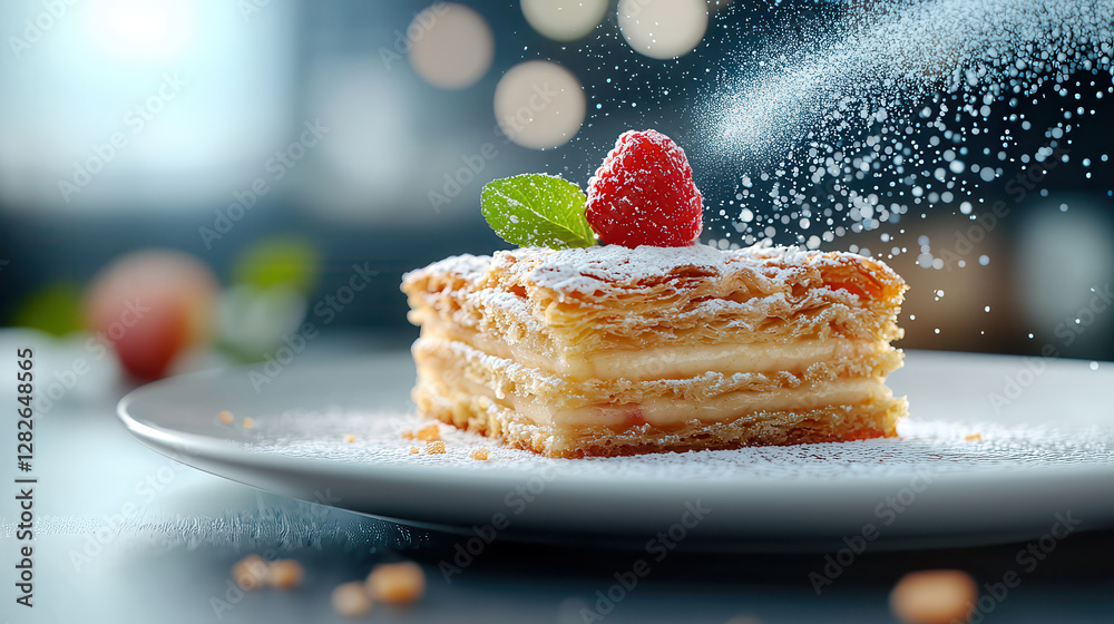 Aufkleber delicious slice of mille feuille topped with raspberry and mint leaf is dusted with powdered sugar, creating tempting dessert scene