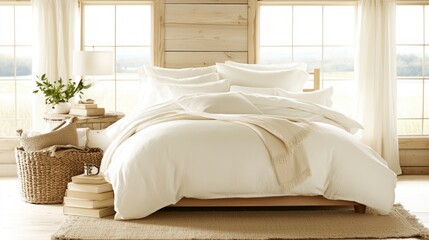 Serene Farmhouse Bedroom  White Bedding  Natural Light  Cozy Interior Design