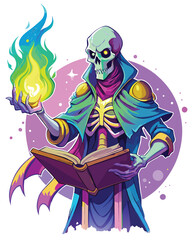 A detailed illustration of a skeletal alien sorcerer, cloaked and wielding a staff, summoning ethereal ghostly spirals of energy.