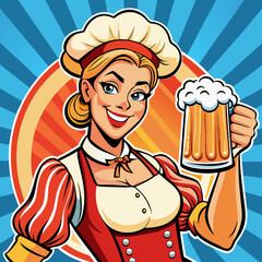 Festive Toast: A stylized illustration of a cheerful woman, likely a server, holding up a frothy mug of beer, ready to celebrate.