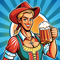 Festive Cheers: A charming individual, adorned in traditional attire and holding a frothy mug of beverage, radiates joy and the spirit of celebration.