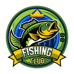 Fishing Club Emblem: A vibrant emblem featuring a fish in a dynamic pose, surrounded by a circular design with bold text, symbolizing the excitement and camaraderie of a fishing club. 