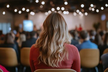A backview of a Caucasian woman engaged in a live Q&A session with a business expert during a webinar.