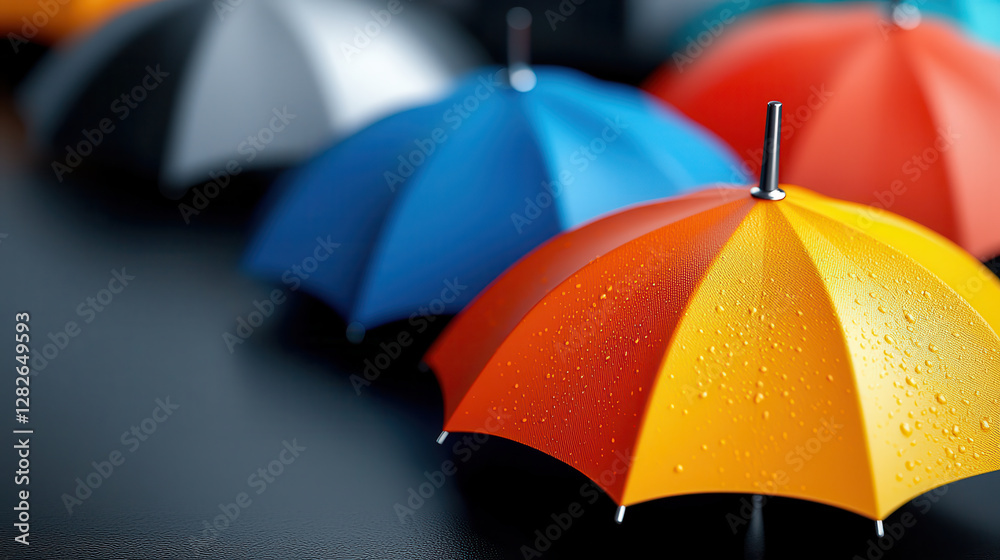 Poster colorful umbrellas with water droplets create vibrant and detailed macro shot, showcasing symmetry a