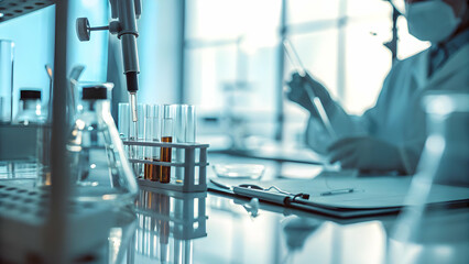 Fototapeta premium Medicine Research in Chemical Laboratory: Chemist Scientist Conducting Liquid Experiments and Test Analysis with Tubes, Beakers, and Glassware in a Pharmaceutical Medical Lab - Stock Photo Concept wit