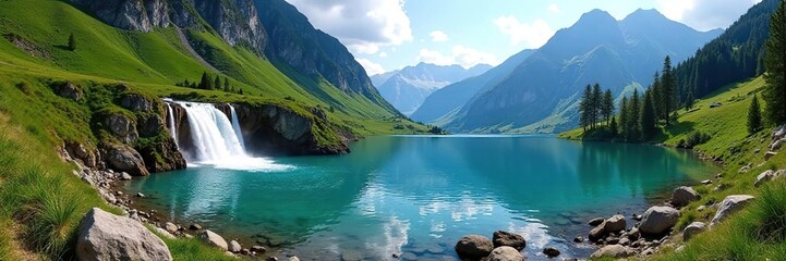 Panorama of lake at Passo di Passir San Bernardo, waterfall, alpine