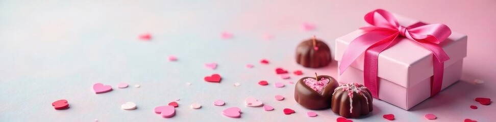 Pastel background, gift box with bow, chocolates, heart confetti, white, chocolate, gift