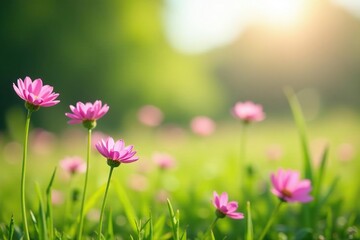 Pastel pink wildflowers swaying in gentle spring breeze, nature, blooming flowers, green grass