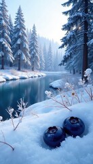 Snowy forest landscape with blueberries in the foreground and frozen pond in the background, winter wonderland, frost, nature