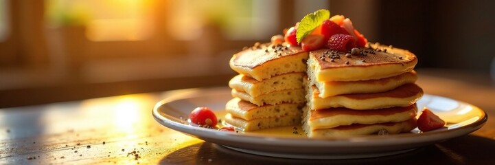 Soft golden light falls on a stack of pancakes, breakfast, chia seeds
