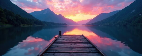 Serene dusk, wooden dock reflects on calm lake, mountains, lush forest , sky, color