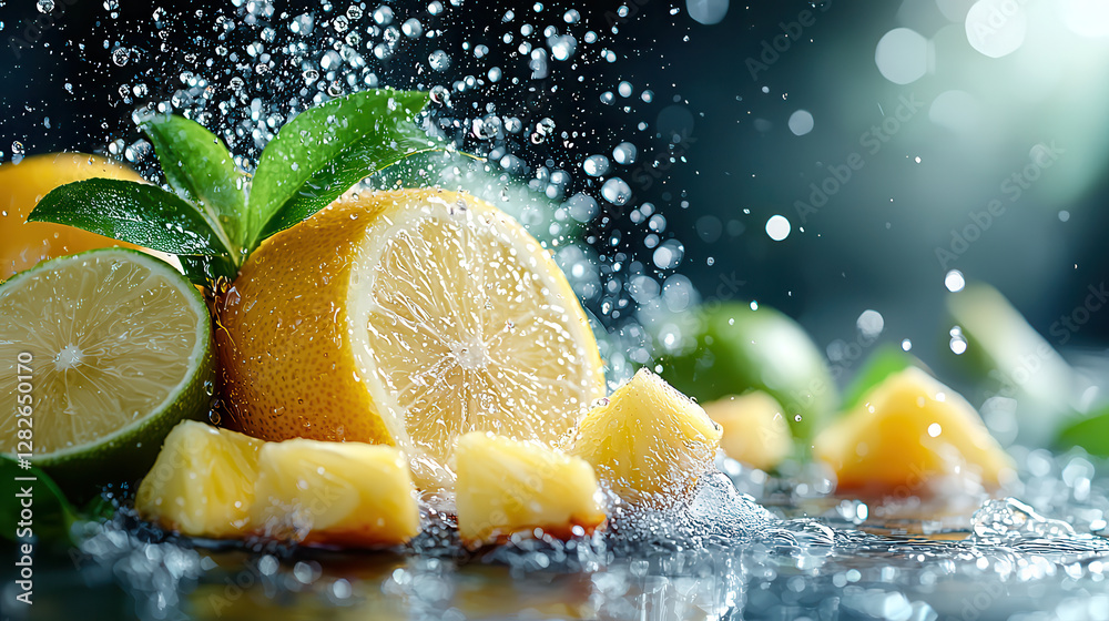 Poster vibrant fusion of lemon and pineapple with water splashes creates refreshing and dynamic scene. fresh fruits are surrounded by droplets, enhancing their juicy appeal