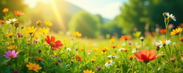Vibrant wildflowers in lush meadow, sunny day, flowers, floral, nature photography