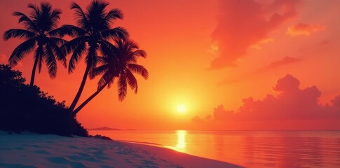 Vibrant orange sunset, palm trees silhouette, white sand beach, sand, clouds