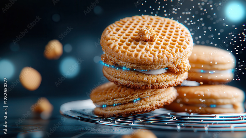 Fototapete cybernetic biscuits with intricate digital engravings are stacked on wire rack, surrounded by floati