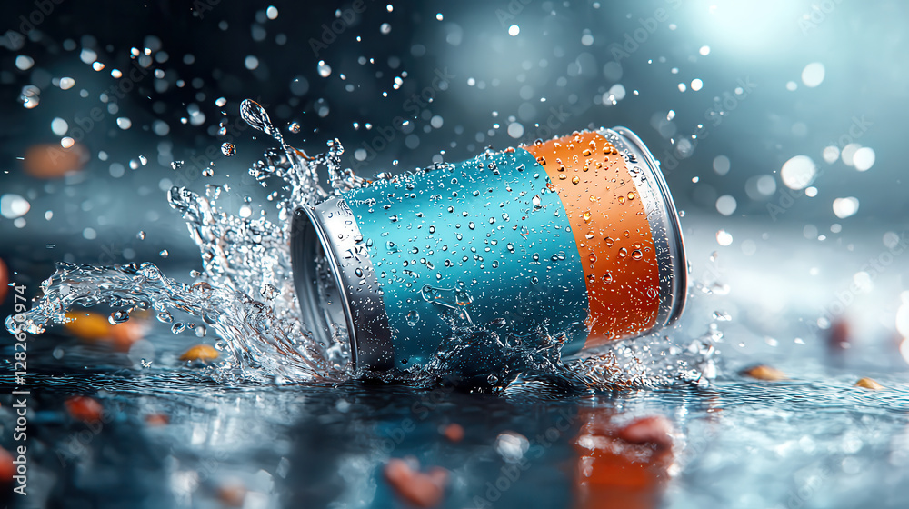 Poster vibrant energy drink can splashes through water, creating dynamic motion and excitement. can feature