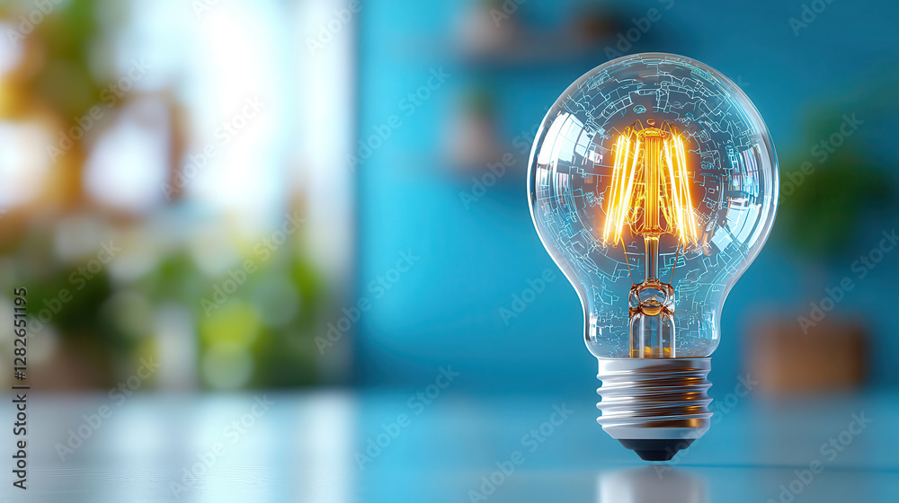Poster glowing filament bulb with intricate gears inside, set against blurred background, symbolizes innova