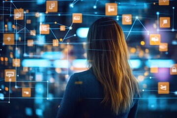 A backview of a Caucasian woman engaging with an online platform for business networking.