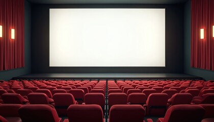 Large cinema auditorium presents blank screen. Empty theater features red seats for audience. Projection venue entertainment industry, film presentation, movie showtime, modern design. Public place