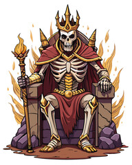 A majestic skeletal king, wearing a decaying golden crown, sits upon a crumbling throne.  His expression is one of regal sorrow.