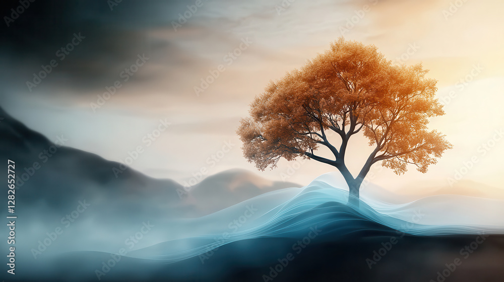 Poster solitary tree with holographic watercolor canopy stands amidst misty landscape, evoking sense of tra