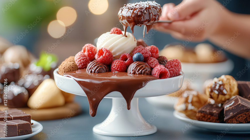 Poster decadent chocolate fondue fountain with velvety smooth chocolate cascading over variety of fresh ber