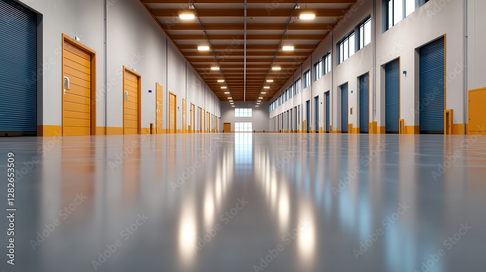 Aufkleber spacious logistics warehouse with symmetrical architecture features polished floor and multiple storage units, creating sense of order and efficiency