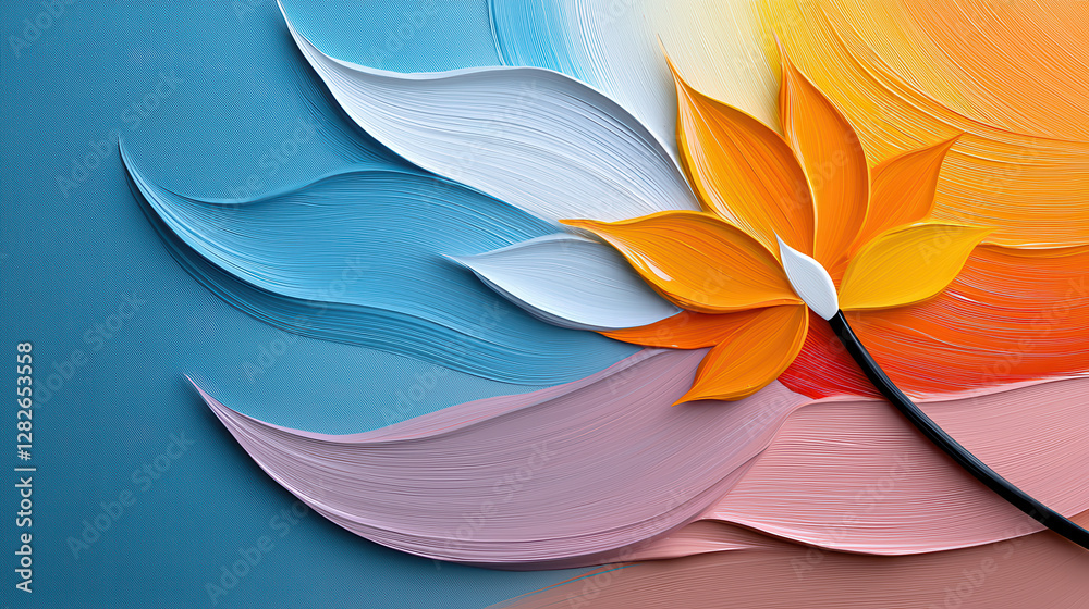 Poster vibrant abstract artwork features stylized flower with colorful petals blue, white, and orange, set 