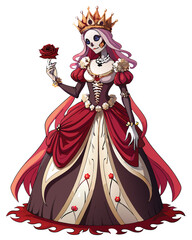 A regal skeletal queen, adorned in a lavish, ornate gown, with a jeweled crown and scepter, poses majestically.