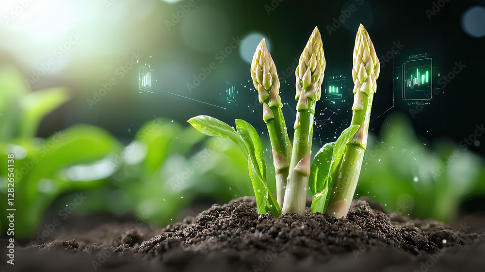 Poster futuristic asparagus plantation with glowing holographic elements in vibrant field. scene captures e