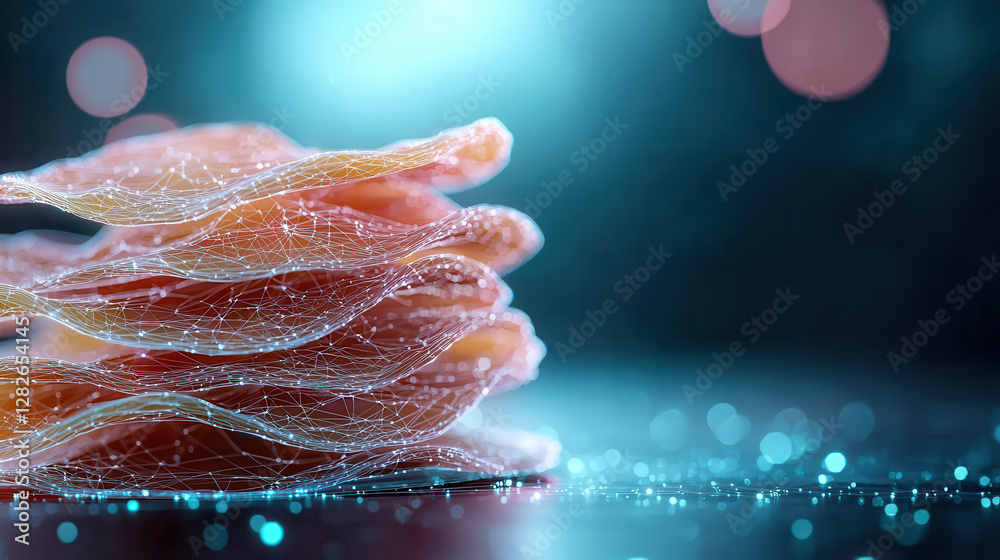Poster stack of futuristic banana chips is rendered in glowing neon with intricate wireframe details, set a