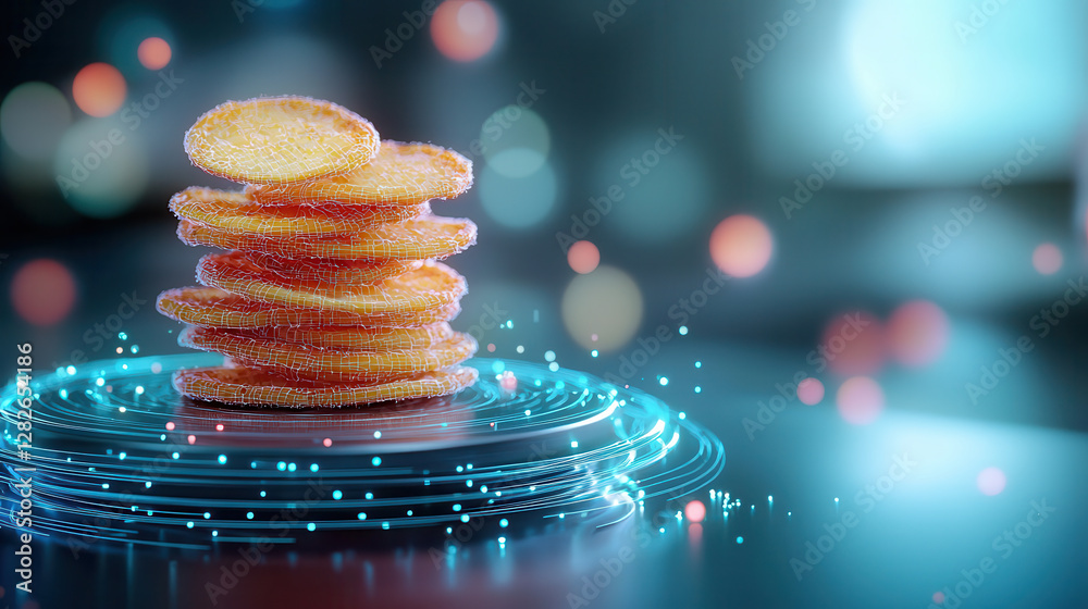 Poster stack of futuristic banana chips is rendered in glowing neon with digital aura, set against blurred background of colorful bokeh lights, creating vibrant and modern aesthetic