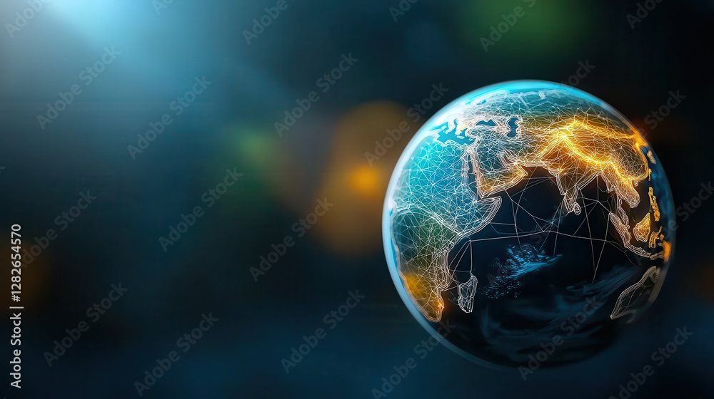 Leinwandbilder futuristic blackboard displays holographic wireframe globe of earth, highlighting continents with gl