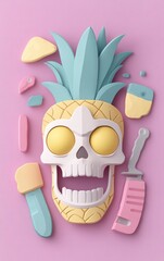 Whimsical Pineapple Skull  Pop Art  3D Render  Colorful  Cartoon  Summer
