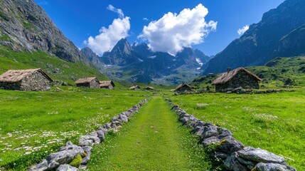 Obraz premium Alpine Village Pathway Under Sunny Sky