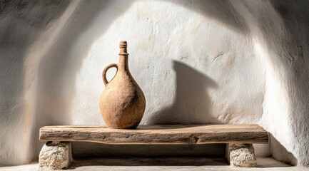 Obraz premium Rustic Clay Jug on Wooden Bench Sunlit White Wall Minimalist Still Life